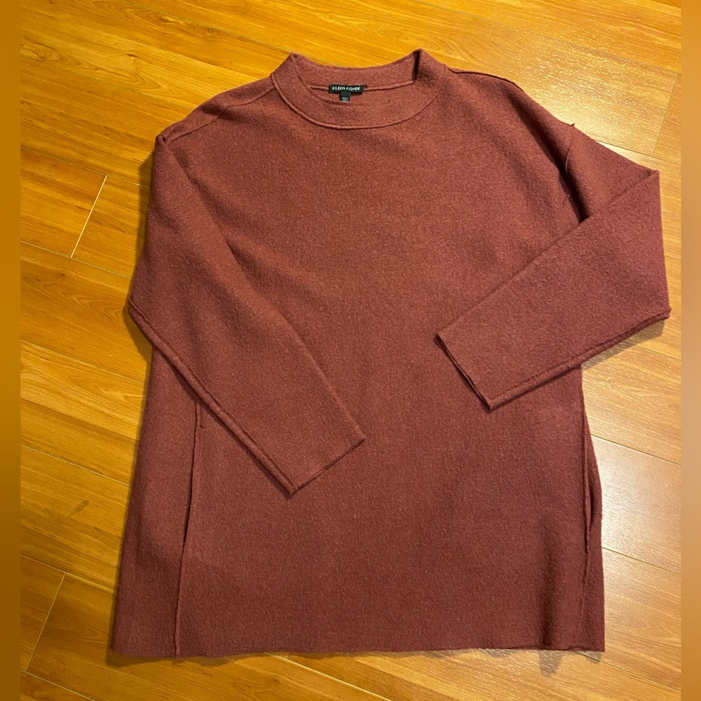 Eileen Fisher boiled wool tunic style sweater - brick red - size small - pockets